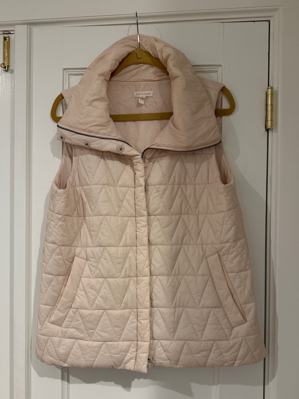Eileen Fisher Cream Quilted Puffer Vest with Funnel Collar